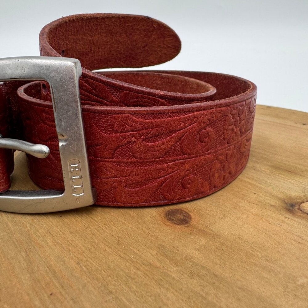 Lauren Ralph Lauren Embossed Red  Orange brownish Leather Belt W/ Silver Buckle